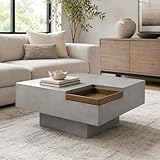 Jenvor Coffee Table Weathered Gray Finish Cement 32x32x17in Modern Fiber Concrete Top 200mm with 15x15x2in Storage Minimalist Industrial Living Room Center Table