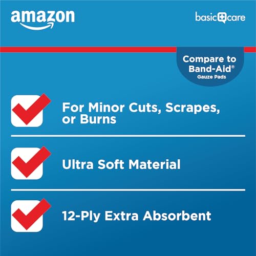 Amazon Basic Care Gauze Pads, 3x3 inches Sterile Medical Wound Dressing Sponges, 12-Ply, Ultra Soft, Extra Absorbent, 50 Count, 1-Pack (Previously All Health)