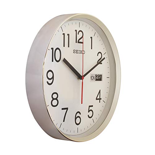 Image of Seiko Unique Round Silver Plastic Analog English Numbers Day /Date Home Decor Wall Clock (Size: 30.3 x 6.4 x 30.3 CM | Weight: 990 gram | Color: Silver)