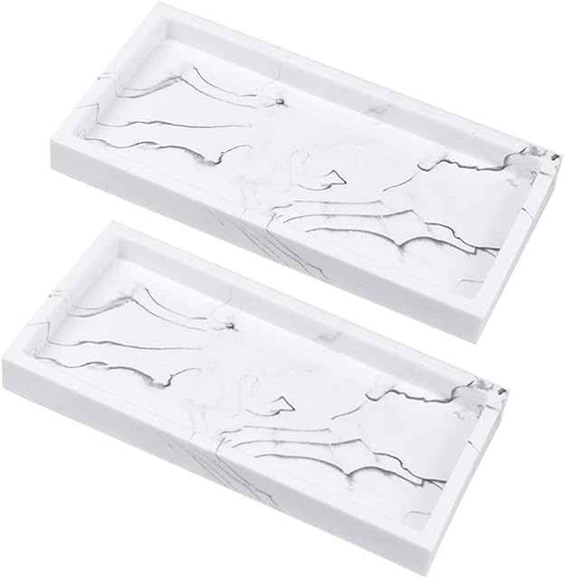 BIKHYY Bathroom Vanity Tray 2 Pack Resin Dresser Jewelry Ring Dish Tank Cosmetic Organizer Plate Holder for Perfume Candles Towel Soap Small Plant (2 Pack Rectangle Marble White)