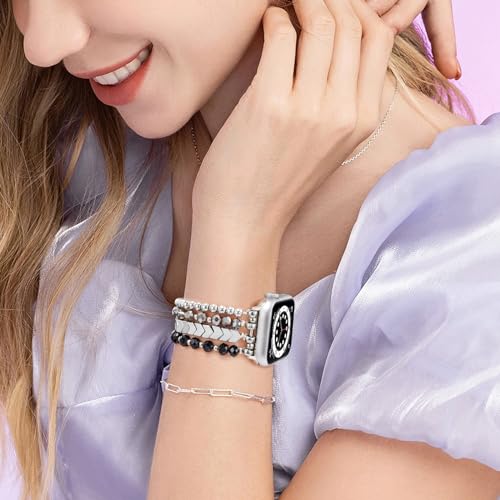 V.R.HOPE Beaded Straps Compatible with Apple Watch Straps 40mm 42mm 41mm 38mm Women, Unique Elegant Pearl Band for iWatch SE Series 11 10 9 8 7 6 5 4 3 2 1 - Black Silver, Small - Image 4