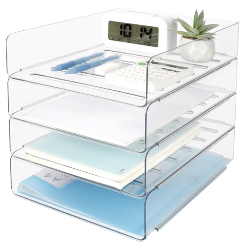 Otauoaea 4 Bandejas Oficina Apilables, Transparente Plastico Pet Organizador Escritorio, Bandeja Escritorio, Bandeja Portadocumentos A4, Organizador para Papeles, Documentos, Folios, Material Oficina