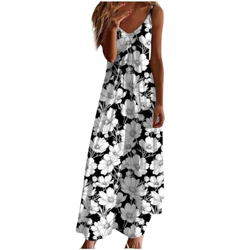 Ceboyel Summer Sundresses for Women 2024 Trendy Casual Floral Sun Dresses Spaghetti Strap Beach Maxi Dress Vacation Outfits Vacation Clothes for Women 2024 Black XL