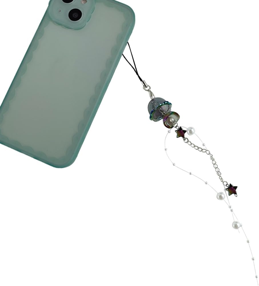 Y2K Jellyfish Phone Charm Keychain Crystal Star Pearl Mobile Phone Chain Unique Fringe Phone Lanyard For Women Girls, Black