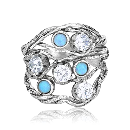 925 Sterling Silver Ring With 3 Blue Round Opal 4 White Round Cubic Zirconia Boho Chic Vintage Look Hypoallergenic Nickel And Lead-Free, Artisan Handcrafted Designer Collection, Made In Israel #TOP2
