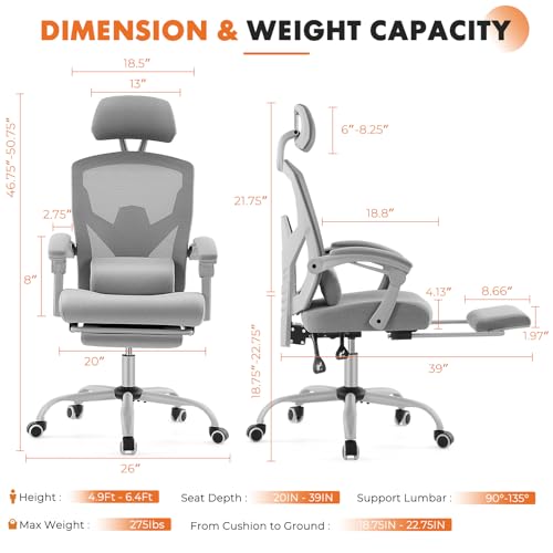 Image of Sweetcrispy Office Computer Desk Chair with Footrest,Ergonomic High-Back Mesh Rolling Work Swivel Chairs with Wheels,Comfortable Lumbar Support,Comfy Arms for Home,Bedroom,Study,Student,Light Grey