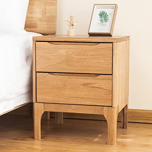 Cttasty Solid Wood Nightstand, 2-Drawer Bedside Tables, Mid Century Modern Nightstand with Classic Design, Oak Nightstand, Easy Assembly, 16.54" L x 15.75" W x 19.69" H (Natural)
