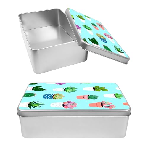 BPQOJB Succulent Potted Pattern Metal Tin Box with Lid,Rectangular Storage