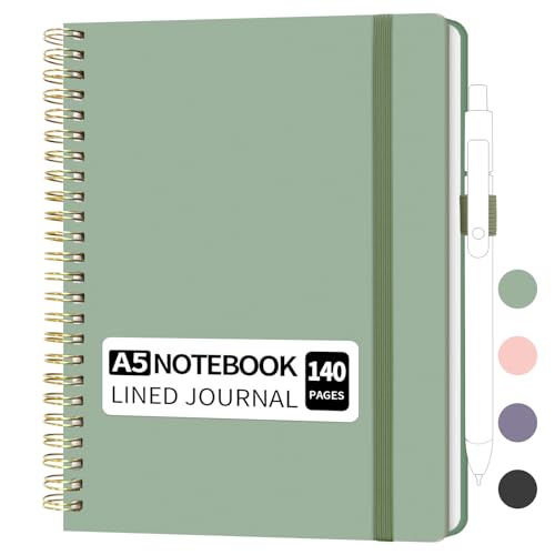 YOXMJDB Lined Spiral Notebook, Small A5 College Ruled Notebook with Pen Holder, 140 Pages Hardcover Notebook Journal for Women, To Do List Notebook for Work, Bible, and Meeting (A5, Green, No Pen)