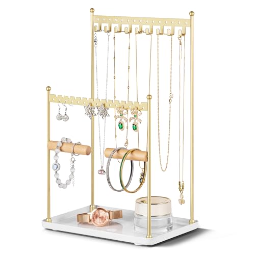 Josmimic 3 Tier Gold Jewelry Stand, Necklace Organizer, Earring Holder with 44 Holes and 9 Hooks, for Necklaces, Bracelets, Rings