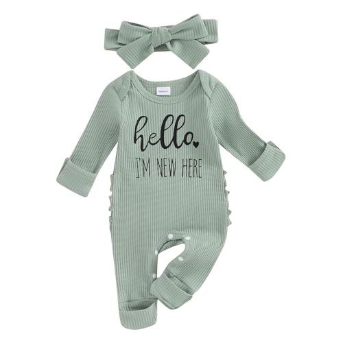 Image of Socutebabe Baby Girl Winter Clothes Newborn Going Coming Home Outfit Ruffle Romper Cute Ribbed Jumpsuit and Headband (Hello I'm New Here Green, 3-6 Months)