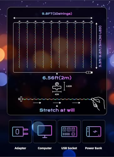 Image of Brightown 300 LED Fairy Curtain Lights, 9.8ft x 9.8ft Curtain String Lights | Multicolor USB Plug in 8 Lighting Modes Christmas String Hanging Lights with Remote for Bedroom Indoor Outdoor Party Xmas