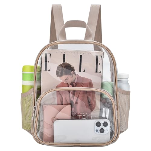 Busiuw Clear Backpack for Stadium Events 12x12x6 with Front Pocket for Concert Sport Fashion Women Backpack Events Work Travel(Khaki)