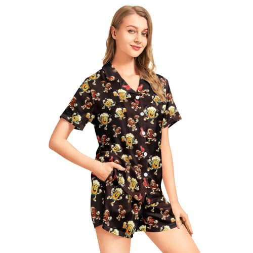 Image of Funny Satin Pajamas Set for Women Button Down Sleepwear Print Pjs Set 2 Piece Short Sleeve Loungewear Gift for Women