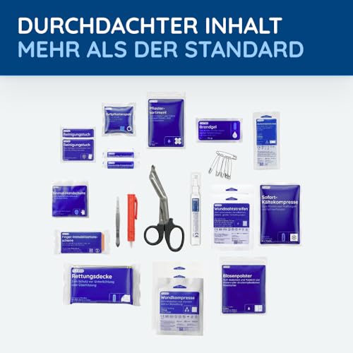 FLEXEO Erste Hilfe Set “Traveller” | 50-teilig | Inkl. Brandgel, Augenspülung, Fingerschiene | im Hardcase mit Karabinern | Ideal für Outdoor, Reisen, Fahrrad & Sport