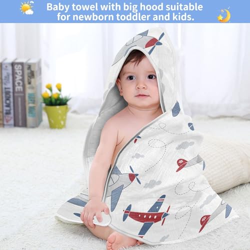 Image of Burbuja Cartoon Airplane Baby Bath Towel - Soft Absorbent Muslin Cotton Hooded Towel for Newborn Infant Toddler, 35x35 in