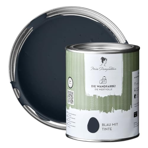 MissPompadour edelmatte Wandfarbe Blau mit Tinte 1L - sehr hohe Deckkraft - geruchsneutrale, spritzfreie Farbe - atmungsaktive, wasserbasierte Innenfarbe/Deckenfarbe - Die Wertvolle