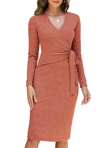 Lyrur Women's Long Sleeve Fall Dresses 2025 Trendy V Neck Tie Waist Wrap Midi Dress