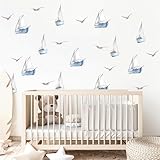 6 Sheets 48 Pcs Blue Sailboats Gulls Ins Style Wall Stickers, sacinora Travel Adventure Wanderlust Sailboat Nautical DIY Wall Decals Removable Vinyl Peel and Stick for Nursery Bedroom Playroom Decor
