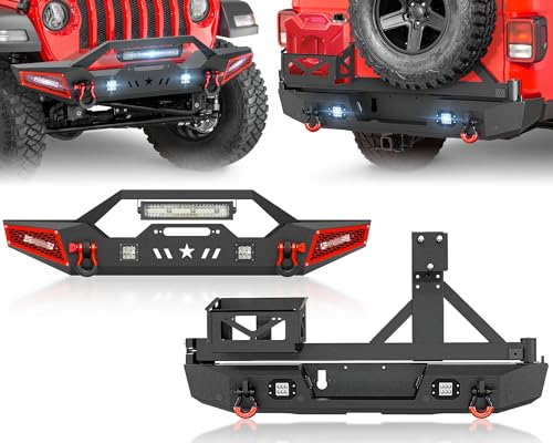 EYOUHZ Front and Rear Bumpers with Spare Tire Carrier Compatible with 2020-2025 Jeep Gladiator JT w/Oil Drum Rack, Winch Plate, LED Lights, Paintable Armor, License Plate Frame, Sensor Holes & D-rings