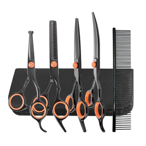 6-in-1 Fellschere für Hunde, Professionelle Edelstahl Pflegeschere Set für Hunde, Hundeschere Inkl Effilierschere, Gebogene, Gerade Schere, Fellpflegekamm, für Hunde, Katzen