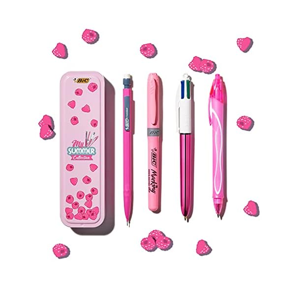 BIC Summer Pink Box: Boli de Gel de Punta Media, Portaminas, 4.Colores + Tipp-Ex Cinta Correctora de Bolígrafos, Óptimo… - Imagen 3
