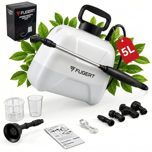 FUGERT Akku Drucksprüher elektrischer Gartensprüher mit USB-C 3 5 Bar Pflanzensprüher mit Teleskoplanze 2749 5 cm 5 Düsen Schultergurt Gartenspritze für Garten & Pflanzen (5L)