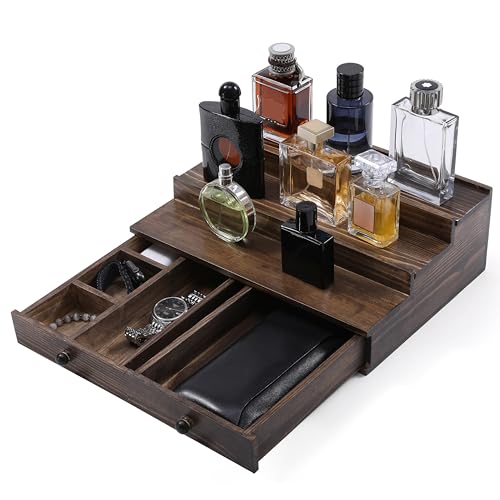 Cologne Organizer for Men, 3-Tier Cologne Stand with Drawer and Hidden Compartment, Wooden Cologne Shelf for Perfume Display Holder, Great Gifts for Men, Vintage