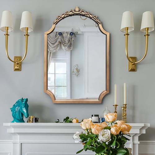 DAOYIJIAJU Gold Vintage Mirror, 28"x20" Traditional Arched Decorative Mirror, Ornate Baroque Mirrors, Antique Carved Mirrors for Living Room Fireplace Bathroom Bedroom Entryway