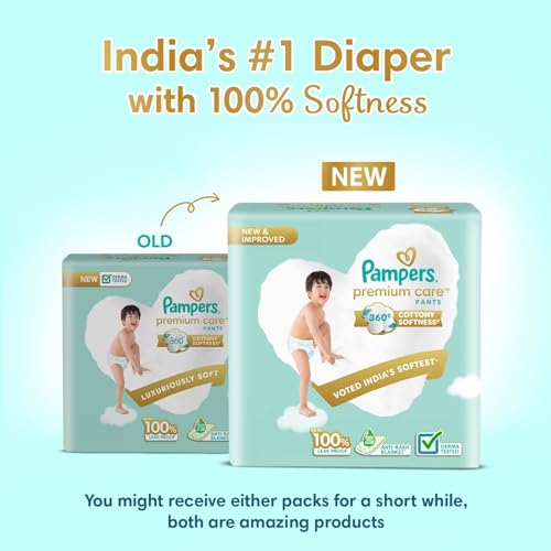 Image of Pampers Premium Care Pant Style Baby Diapers XL 14 Count | No Marks Design | Voted India's #1 Softest Diaper | All in 1 diaper with 360 Cottony Softness (Pack of 2)