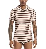 Landofgenie Męska bluza z kapturem z krótkim rękawem przerwa piżama body leotard top z paskami onesie, brązowy, L