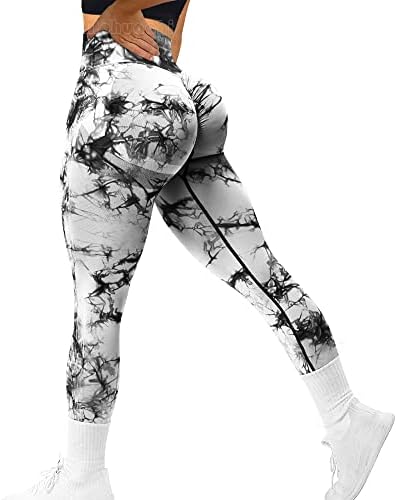 MOHUACHI Tie Dye Seamless Leggings for Women High Waist Yoga Pants, Scrunch Butt Lifting Workout Tights (Tie Dye Black White, Medium)