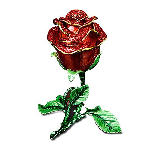 Crystal Studded Pewter Jewelry Trinket Box Rugose Rose Shaped Crafts Metal Bejeweled Hand-Painted Figurine Collectible Ring,Earrings,Necklace Holder Desktop Decor (Red) #TOP26