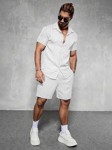 Image of GRECIILOOKS Men'S Summer Casual Two Piece Outfit, Textured Button Down Shirt and Shorts Set, Lightweight Poly Blend Co-Ord for Beach, Travel & Lounge Wear