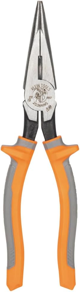 Klein Tools 2038RINS Pliers, Made in USA, Electrician's Insulated Long Nose Side-Cutting Pliers, 1000V Rated, Induction Hardened Knives, 8-Inch