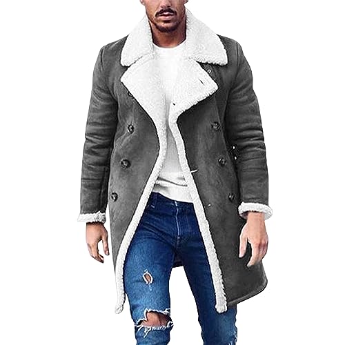 Sherpa Lined Jacket Men Sheepskin Fleece Coat Fur Collar Long Trench Coats Double Breasted Peacoat Warm Winter Overcoat