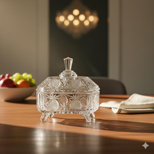Image of Crystal Glass Candy Jar with Lid | Decorative Candy Dish | Cookie Jar | Elegant Glass Bowl for Home Kitchen Buffet & Office Desk | Jewelry Storage Container (RAJWADI)