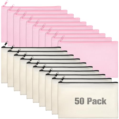 Frienda 50 Pack Blank Canvas Bag Bulk Small Zipper Pencil Pouch Multipurpose DIY Canvas Pencil Cosmetic Toiletry Bag for Valentine's Galentines Day Gift Travel Stationary(Pink, Beige)