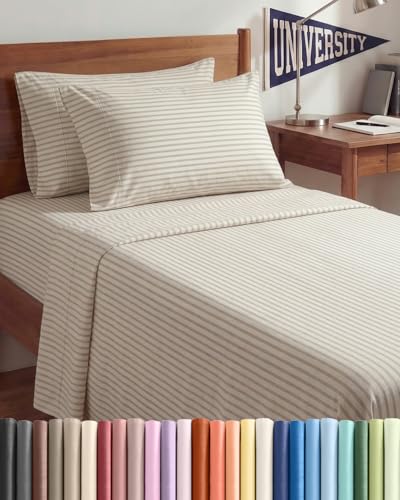 Image of Twin XL 4 Piece Sheet Set - College Dorm Room Essentials - Beige Stripes | Ultra Soft Dorm Bedding Set, 8 inch to 16 inch Inch Deep Pockets, 1 Flat & 1 Fitted Sheet & 2 Pillowcases, Wrinkle & Fade Free