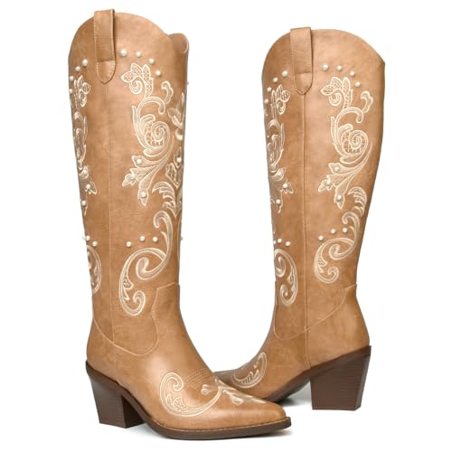 Image of Western Cowboy Boots for Women Knee High Cowgirl Boots with Classic Embroidered, Pointed Toe Chunky Heel Fashion Retro Classic Pull On Tall Boot Women Fall Winter