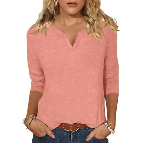 EADINVE Womens V Neck 3/4 Sleeve T-Shirts Solid Color Casual Basic Tops Summer 2024 Tees Blouses Loose Fit Pullover 2024 Coral Cover