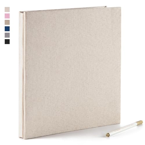 Azonee 1 Pcs Photo Album 3x5 4x6 5x7 6x8 8x10 Acid Free Self Adhesive Magnetic Pages DIY Scrapbook 40 Pages Linen Cover Photo Book with A Metallic Pen (Off White 11x10.6In)