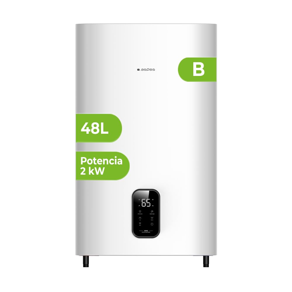Aspes Termo Eléctrico 50 Litros, AT5000DDW. 2000W, Kit de Montaje Incluido, Resistencia Acero Esmaltado, Termostato Digital, Temperatura Máx 93 º, Blanco, Eficiencia Energética Clase B