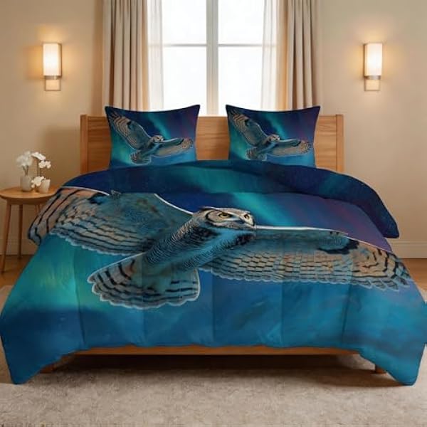 Zestaw pościeli bez poszewki, 240 x 220 cm, fantazyjne gwiaździste niebo, z 2 poszewkami na poduszki, dwustronna, ze zwierzętami, sową, wszechświatem, zorzą polarną, hipoalergiczna, miękka, ciepła