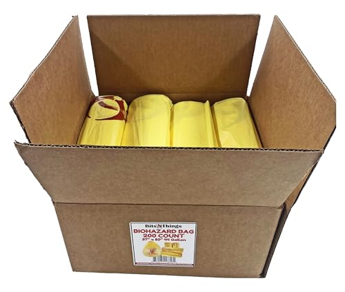 Bits N Things Infectious Biohazard Yellow Waste Bags Hazardous Trash Can Liners | Medical Grade No Leak Bags | Great for Lab Containers, Swabs, Pads, Gloves | 200 Count - 37\" x 50\" (44 Gallon)