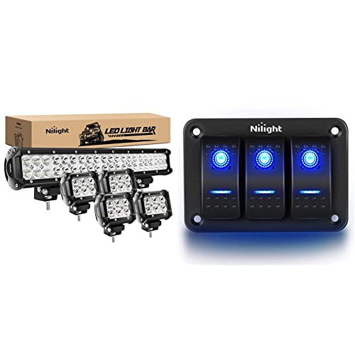 Nilight - ZH003 20Inch 126W Spot Flood Combo Led Light Bar 4PCS 4Inch 18W Spot LED Pods Fog Lights & 90017C 3 Gang Aluminum Panel Toggle Dash 5 Pin On/Off Pre-Wired Rocker Switch Holder