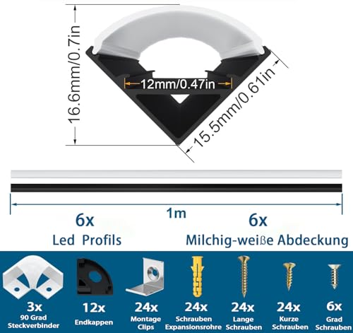 LED Aluminium Kanal Schwarz für Led Streifen/Stripes/Stripe/Strip, 6x1m V Form Leiste Profil Aluprofil , Stripes Schiene mit Milchiger Weißer Abdeckung, Strip Diffusor mit 45 Grad Eckverbindern
