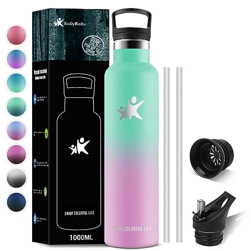 KollyKolla Botella Termica Deporte 1 litro, Botella Agua Acero Inoxidable, con Pajita y Filtro, Cantimplora Sin BPA, Reutilizable, Termo Doble Pared al Vacío a Prueba de Fugas, Adultos y Niños