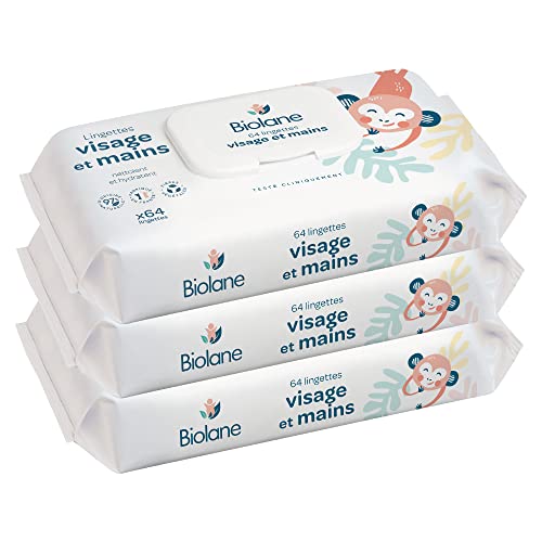 BIOLANE - Lingettes bébé visage et mains - Lot de 3 paquets - 192 Lingettes (3x64) - Nettoie et protège - Toilette - Peaux Sensibles - 97% d'ingrédients naturels