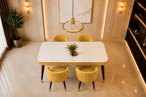Image of WOODEN SPACE Majestic 4 Seater Wooden Dining Table Set | Urban Marble Top Dining Table with Chairs for Dining Room & Kitchen (Majestic Classic Backline Yellow) (54 x 36 x 30 inch)